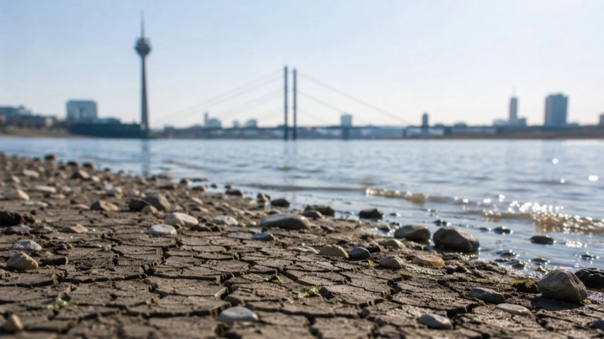 Niedriger Wasserstand eines breiten Flusses mit freiliegenden Kiesflächen und einem Frachtschiff auf dem Rhein