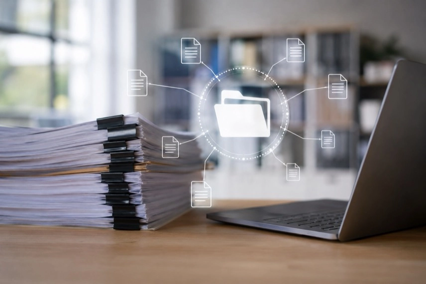 Laptop und Dokumente an einem Arbeitsplatz mit abstrakter Darstellung elektronischer Daten und digitaler Beweismittel