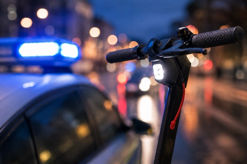 Abgestellter E-Scooter neben einem Alkoholtestgerät auf einer neutralen urbanen Fläche.