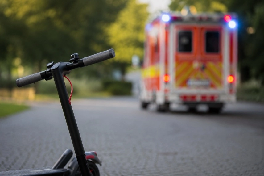 Abgestellter E-Scooter an einer Verkehrsfläche mit unscharfem Rettungsfahrzeug im Hintergrund.