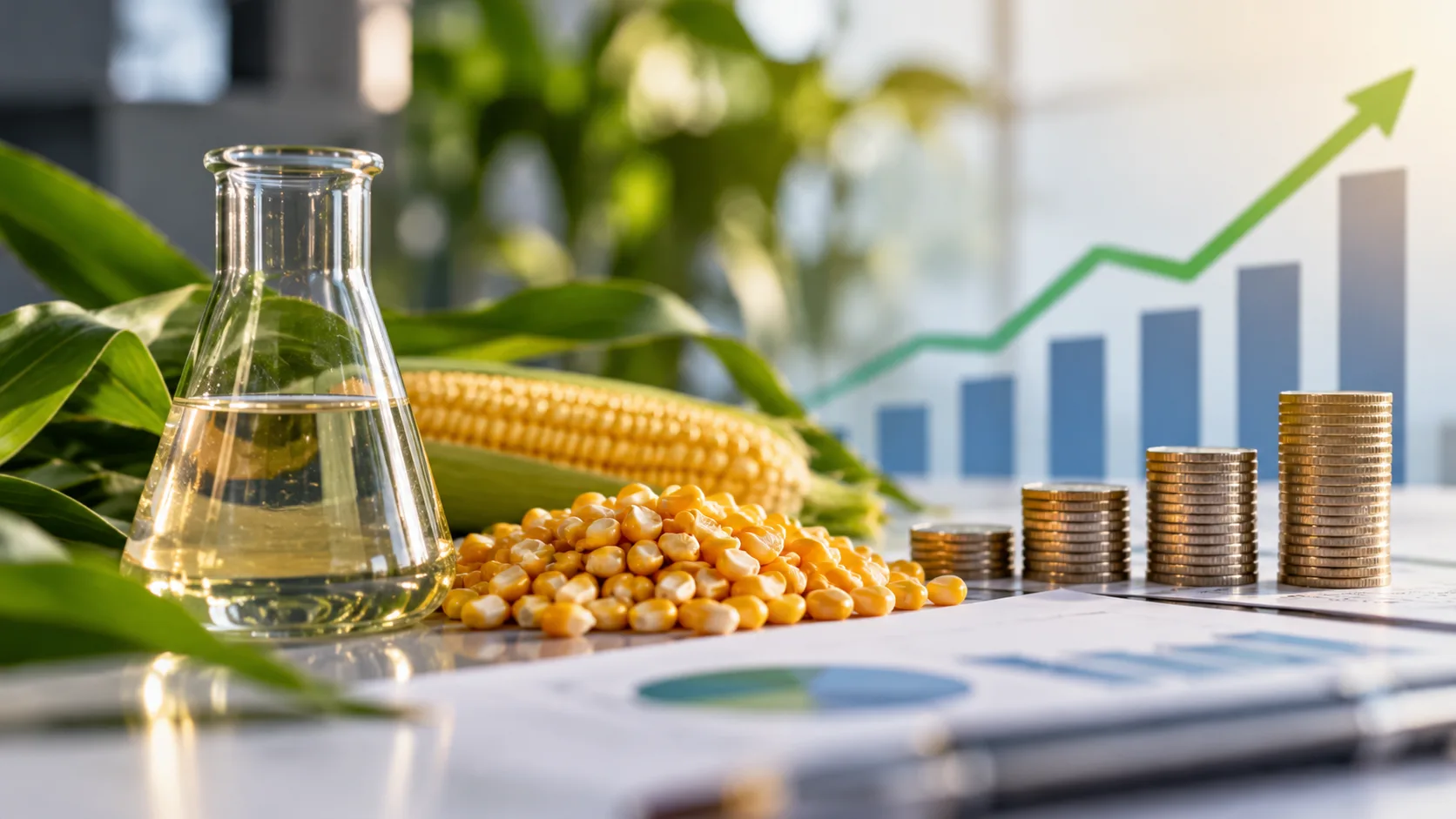 Glasgefäß mit Flüssigkeit, Mais, Münzstapeln und Wirtschaftsdiagrammen zum Thema Bioethanol und E20-Benzin.