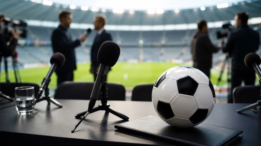 Fußball auf einem Pressetisch mit Mikrofonen vor unscharfem Stadionhintergrund bei einer Fußball-Pressekonferenz