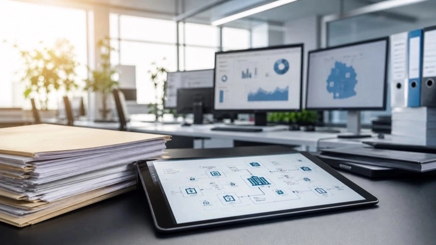 Moderner Arbeitsplatz mit Bildschirmen und Tablet zeigt digitale Verwaltungsprozesse und Digitalisierung im Digitalministerium