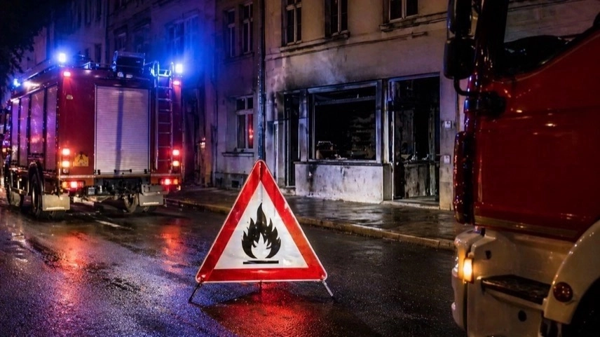 Feuerwehr vor beschädigter Bäckerei in Leipzig bei nächtlichem Einsatz nach Einbruch und Brand