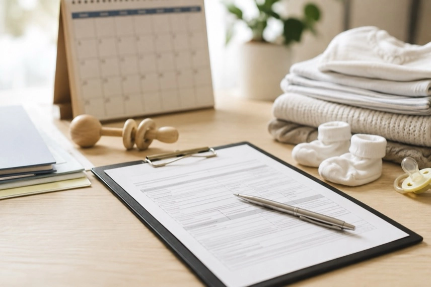Anonymes Elterngeld-Antragsformular mit Kalender, Stift und Babykleidung auf einem Schreibtisch