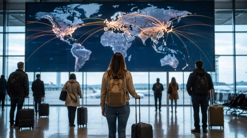 Digitale Flugroutenanzeige in einem internationalen Flughafen mit Reisenden und Verbindungen zwischen Berlin und Dubai