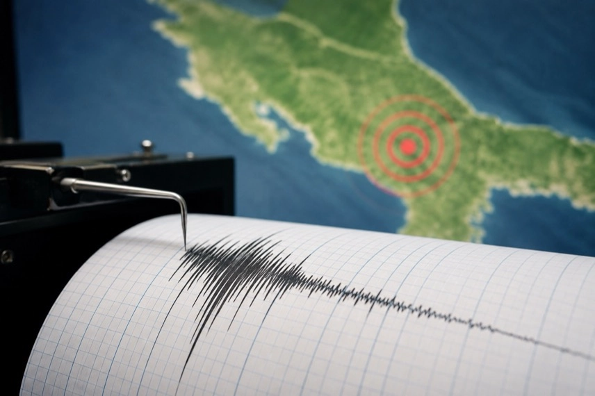 Seismograf mit aufgezeichneter Erdbebenkurve vor einer unscharfen Küstenlandschaft als symbolische Darstellung eines Erdbebens.
