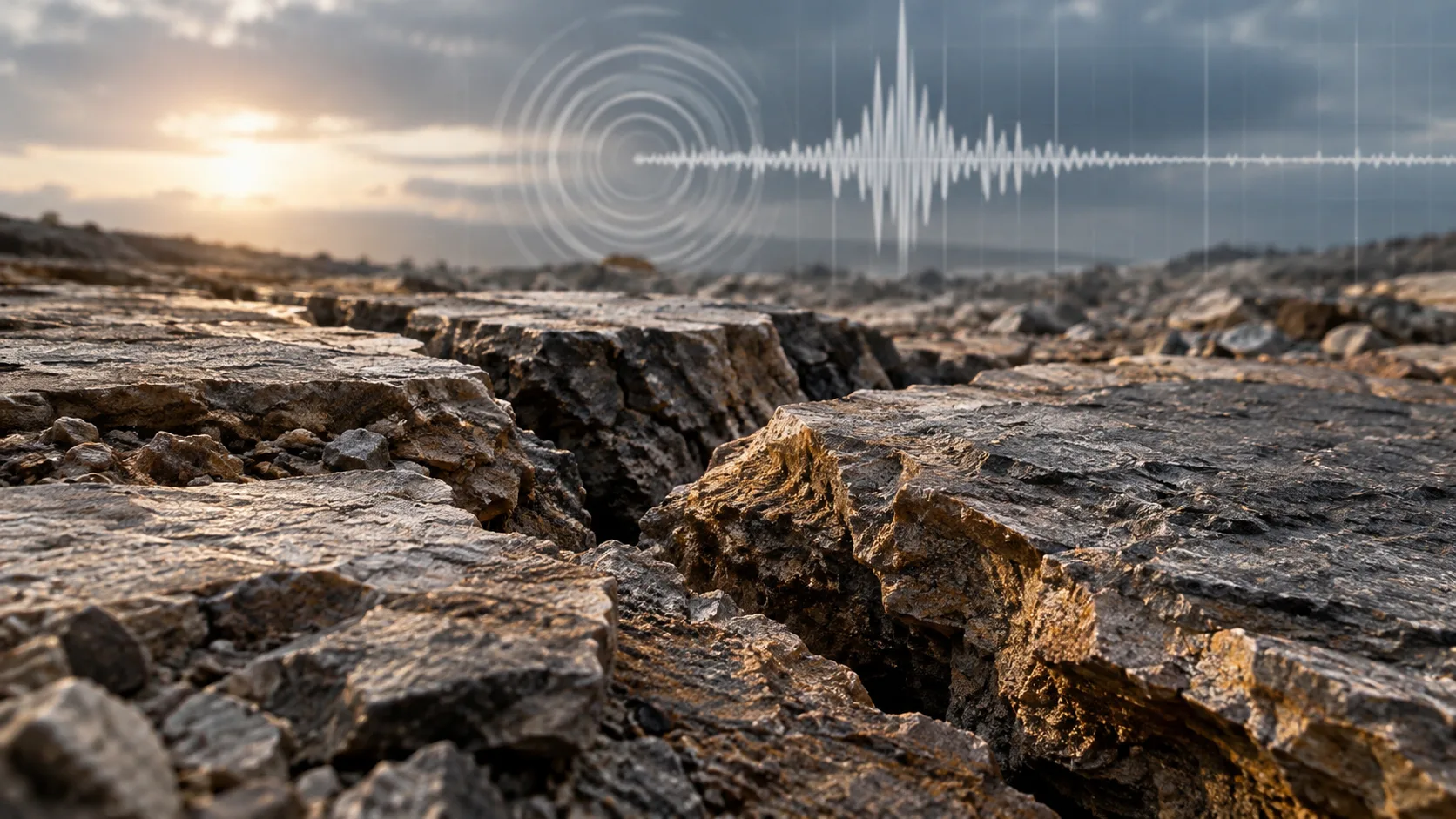 Geologische Gesteinsschichten mit sichtbarer Bruchlinie und Verschiebung im Untergrund als Darstellung eines Erdbebens.