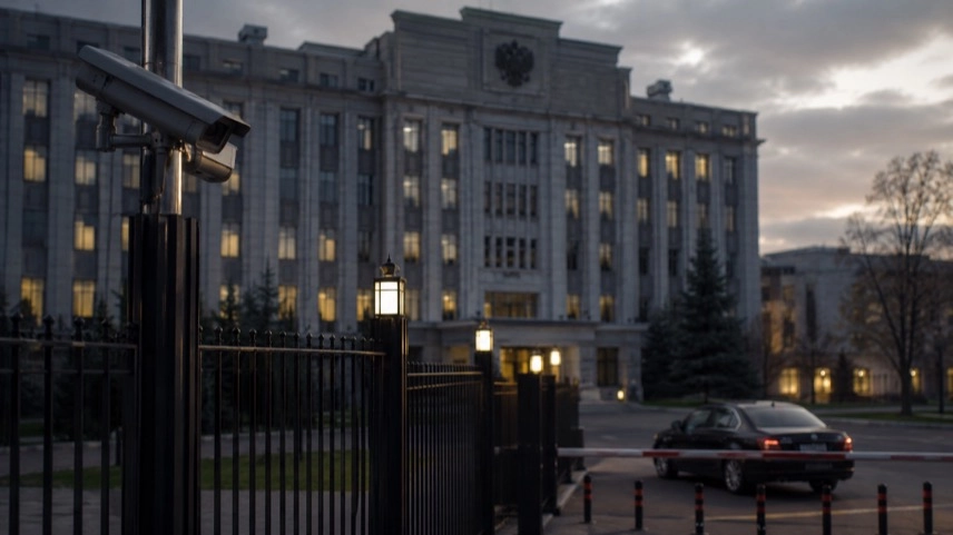 Regierungsgebäude mit Überwachungskameras und geparktem Fahrzeug als Symbol für Sicherheit und Ermittlungen in Russland