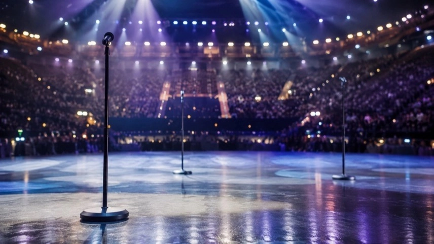 Beleuchtete ESC-Bühne in einer Konzerthalle mit Mikrofonständern und unscharfem Publikum beim Eurovision Song Contest