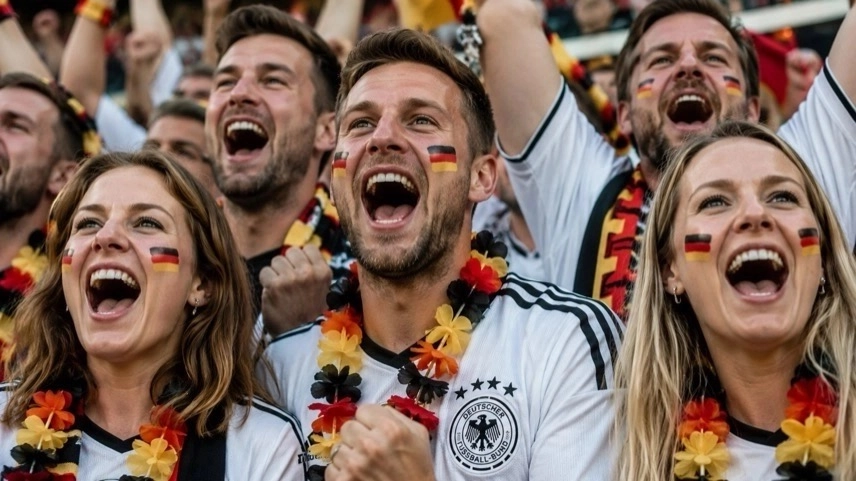 Menschen bei einem ESC Public Viewing in einer großen Halle mit Bühne und Leinwand während des Eurovision Song Contest