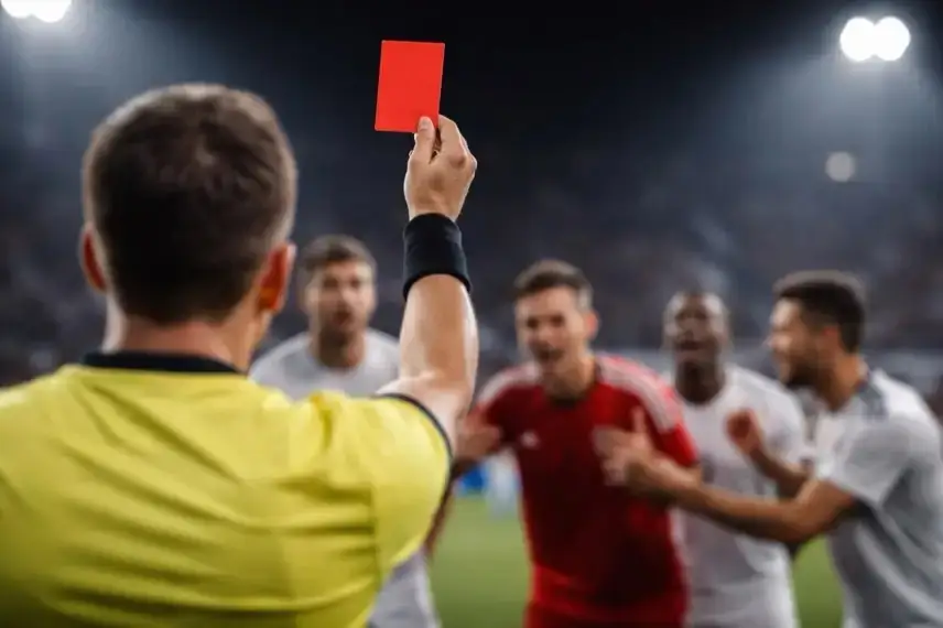 Schiedsrichter zeigt rote Karte während Spieler diskutieren auf Fußballplatz nach Spiel Bayern gegen Real Madrid