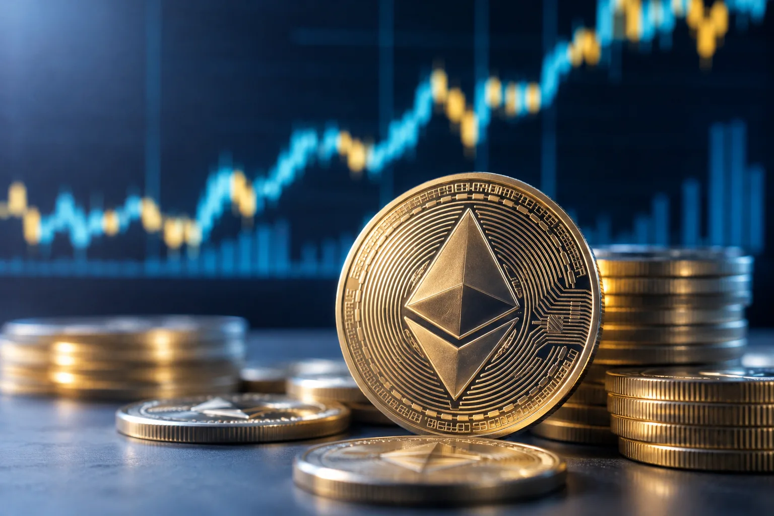 Goldfarbene Ethereum-Münzen vor einem unscharfen Kursdiagramm mit blauen und gelben Linien.