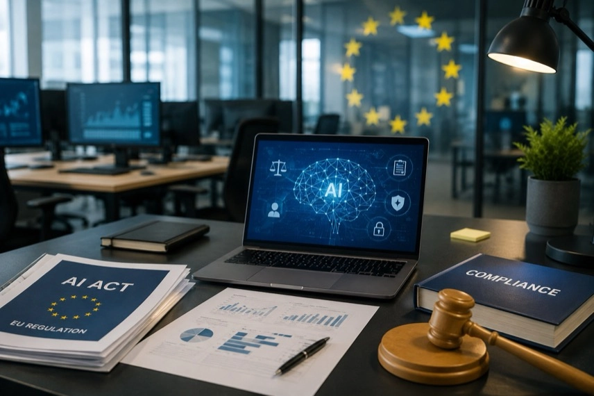 Ein moderner Büroarbeitsplatz mit Laptop, Dokumenten und abstrakten Darstellungen digitaler KI-Netzwerke sowie dezenten EU-Symbolen im Hintergrund.