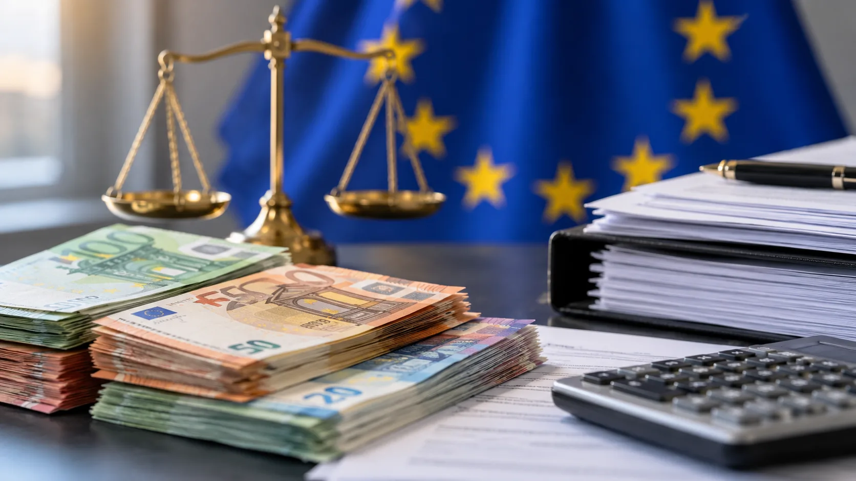 Euro-Banknoten neben Taschenrechner und Dokumenten auf einem Schreibtisch zum Thema EU-Geldwäscheverordnung.