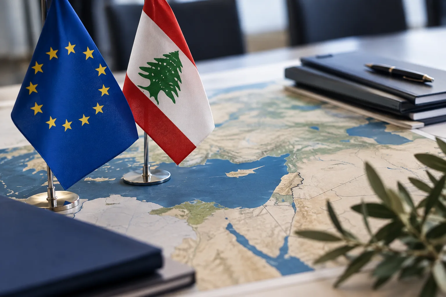 Besprechungstisch mit EU- und Libanon-Flaggen auf einer Landkarte des östlichen Mittelmeerraums.