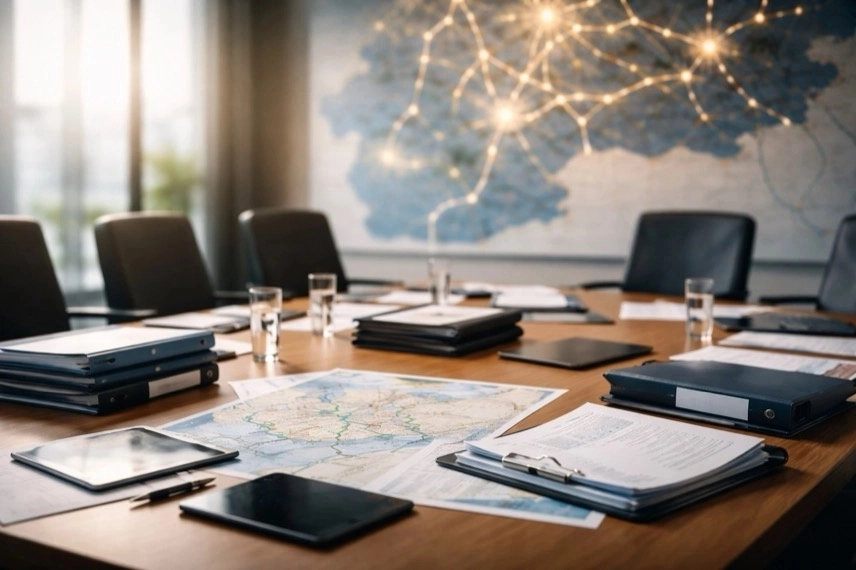 Windräder und Solaranlagen vor stillgelegtem Kohlekraftwerk zeigen Wandel im EU-Strommix durch erneuerbare Energien