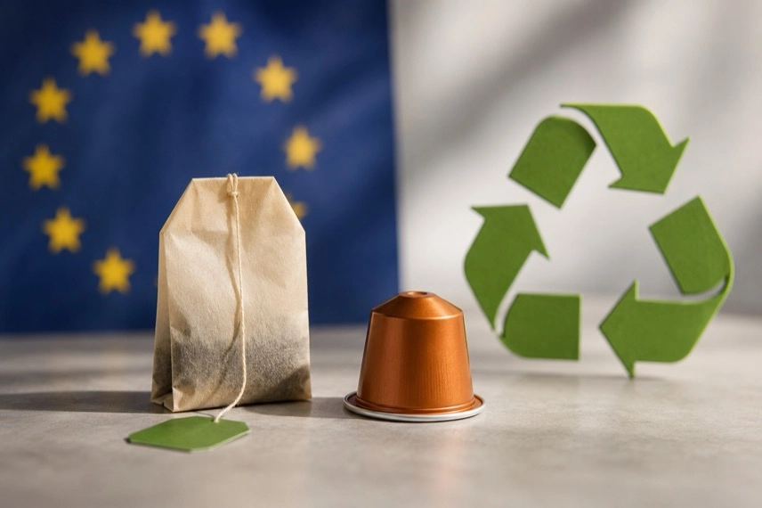 Teebeutel, Kaffeepads und Kaffeekapseln neben Tassen als Motiv zur neuen EU-Verpackungsverordnung