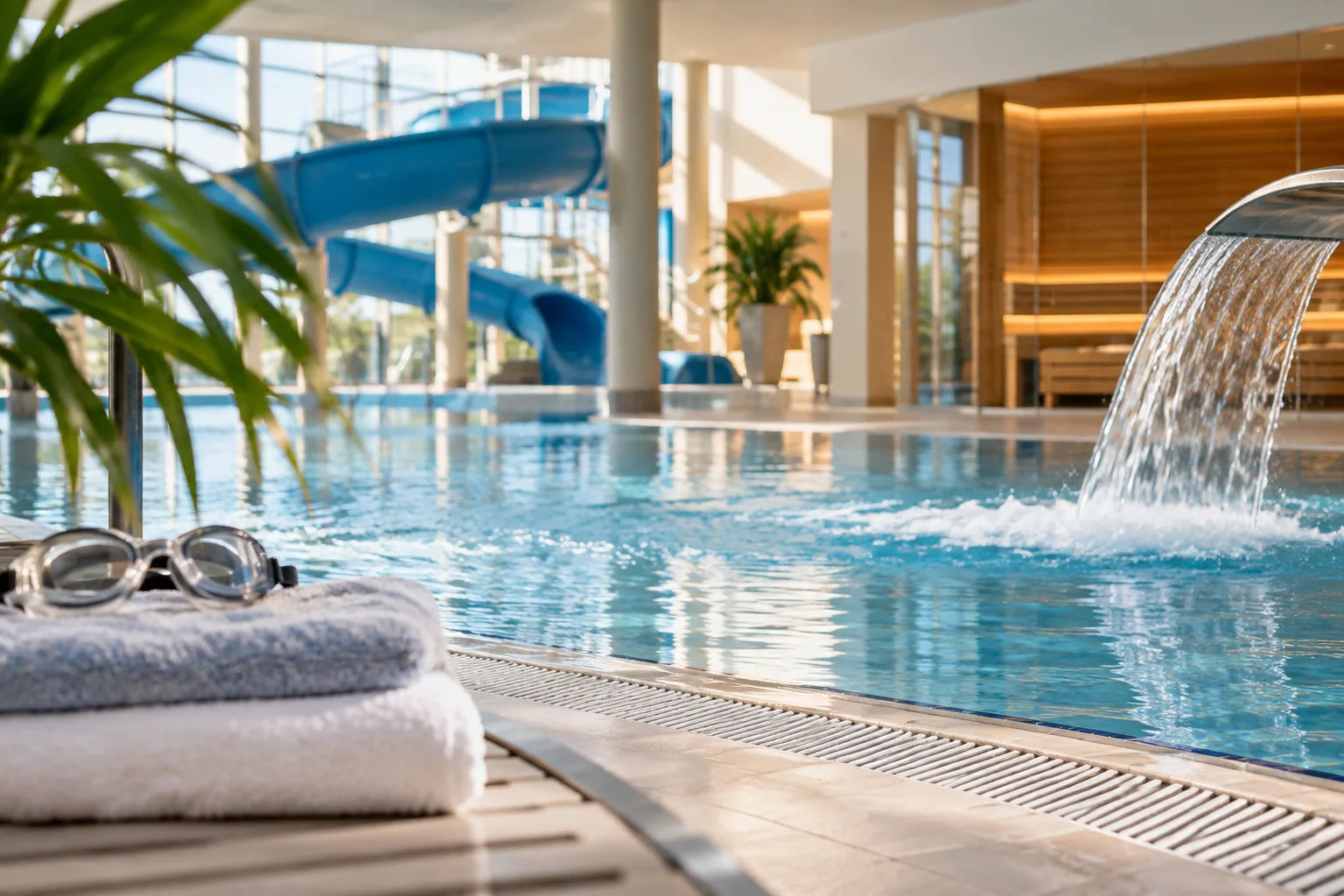 Modernes Erlebnisbad mit Wasserbecken, Rutsche und Wellnessbereich während Wartungsarbeiten.