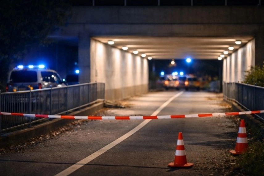 Abgesperrte Fußgängerunterführung bei Nacht mit Blaulicht nach Explosion in Völklingen im Saarland