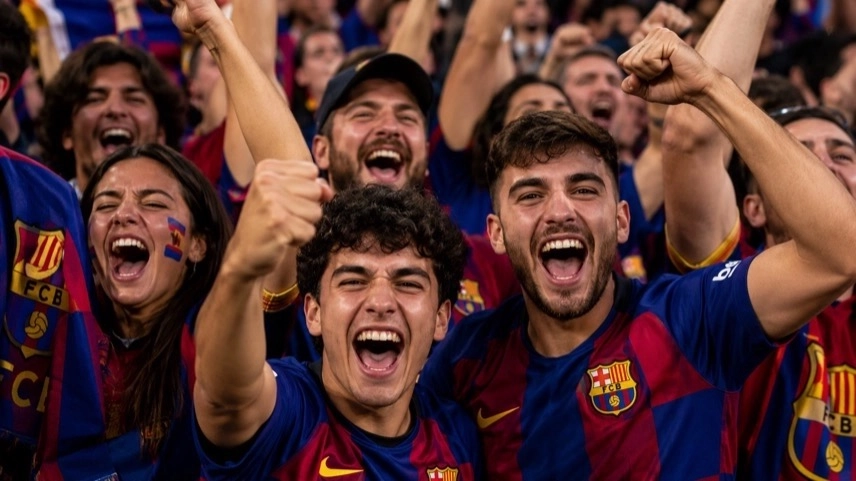 Fußballstadion mit Konfetti auf dem Spielfeld nach Meisterschaftsspiel zwischen FC Barcelona und Real Madrid