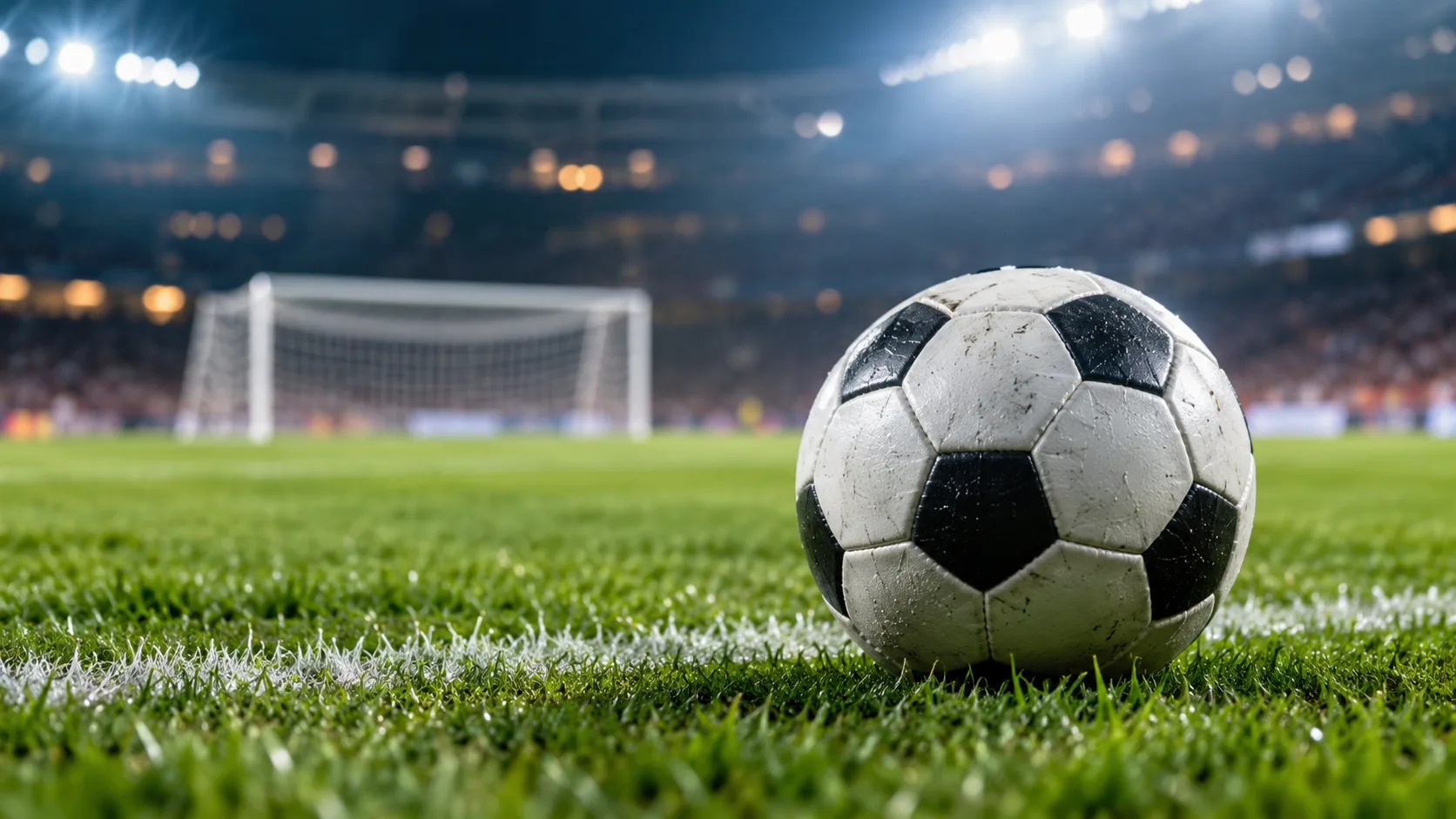 Fußball auf grünem Spielfeld vor einem Tor und unscharfen Stadiontribünen unter Flutlicht.