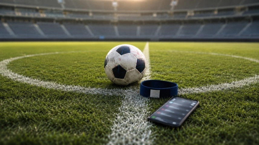 Fußball im Mittelkreis mit Kapitänsbinde und Smartphone als Symbol für Felix Nmecha und DFB-Debatte