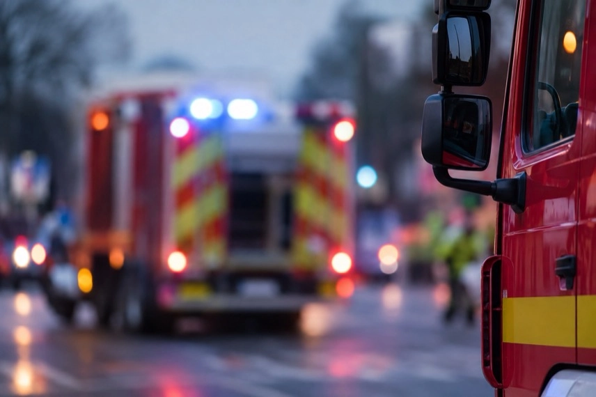 Neutrales Feuerwehrfahrzeug vor unscharfem urbanem Hintergrund ohne erkennbare Einsatzstelle