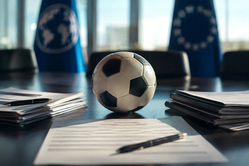 Neutraler Konferenztisch mit Dokumenten und Fußball als Symbol für FIFA, UEFA und Governance im Weltfußball