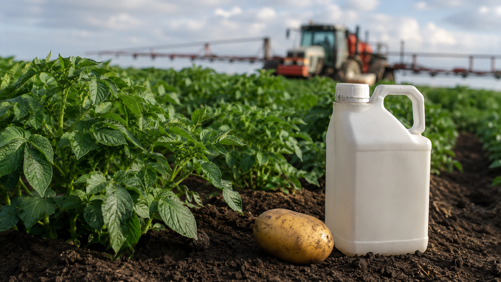 Kartoffelpflanzen auf einem Feld, eine Kartoffel auf der Erde und ein neutraler Pflanzenschutzkanister im Vordergrund