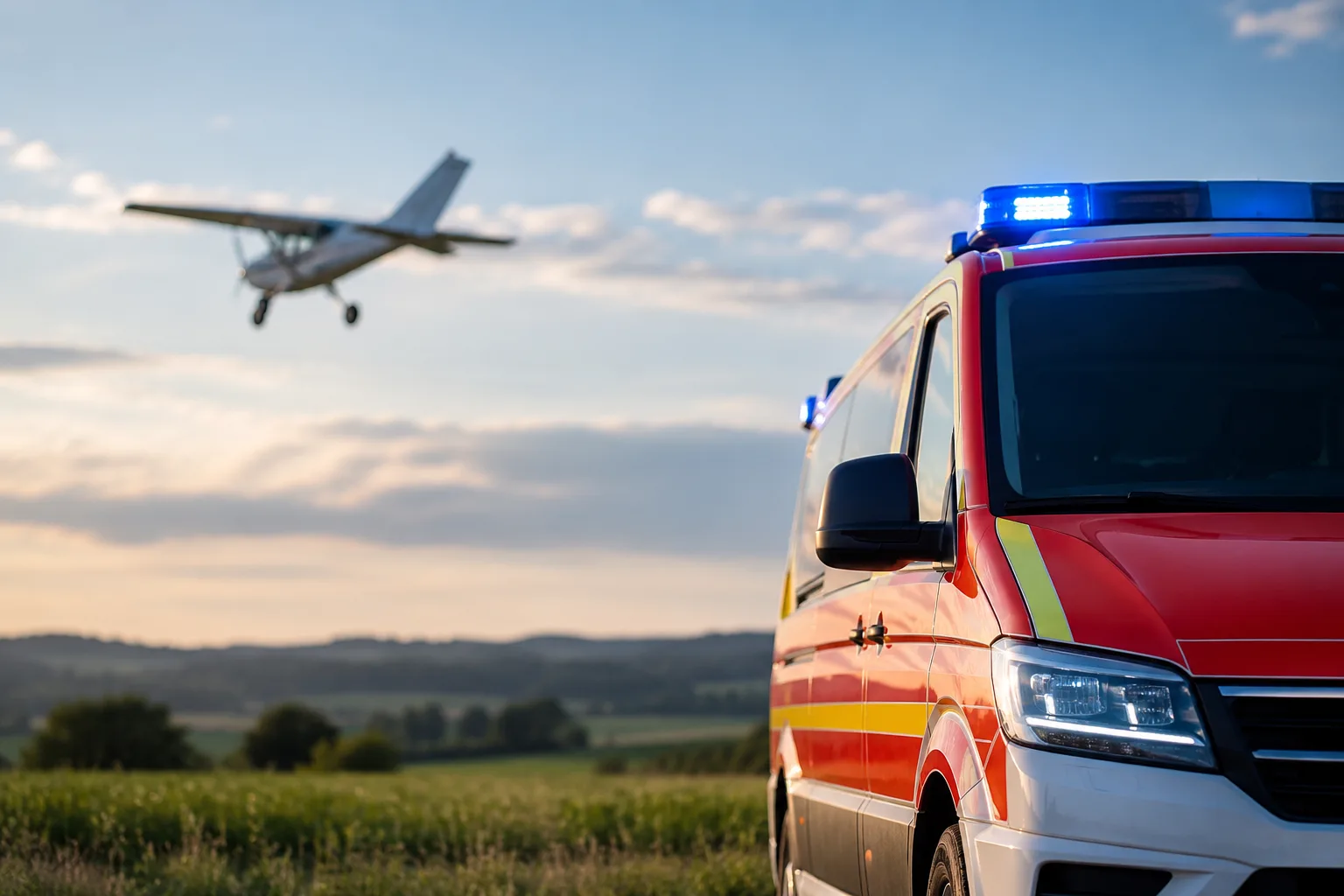 Generisches Rettungsfahrzeug vor ländlicher Kulisse als Motiv zum Flugzeugabsturz bei Gundelsheim
