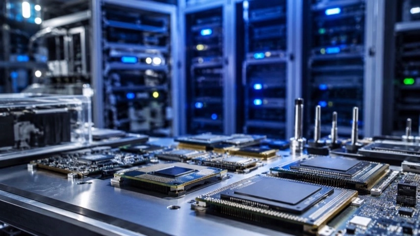 Moderne Serverracks und Mikroprozessoren in einem Hightech-Rechenzentrum zur Halbleiter- und KI-Technologie