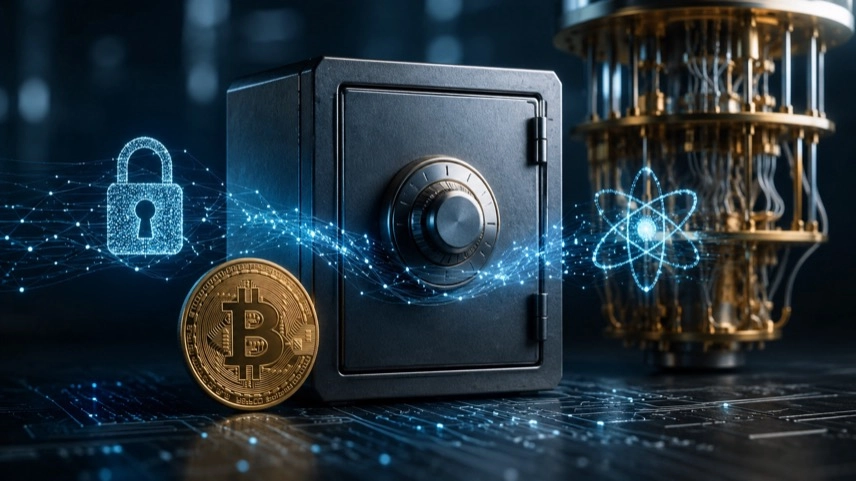 Digitaler Tresor mit Datenströmen und Kryptografie-Symbolen als Darstellung von Bitcoin und Quantencomputer-Sicherheit