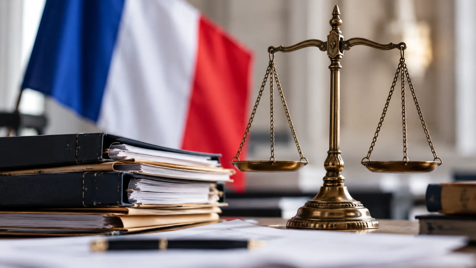 Geschlossene Ermittlungsakten, unbeschriftete Dokumente und eine Justizwaage auf einem Schreibtisch.