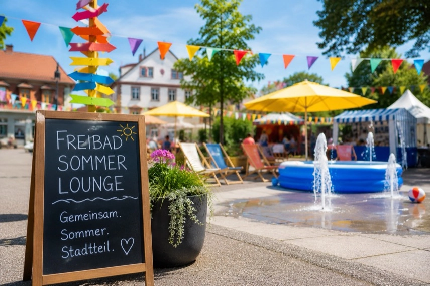 Sommerlicher Platz mit Sonnenschirmen, Wimpeln und Wasserspiel-Elementen als Symbolbild für ein Freibadfest.