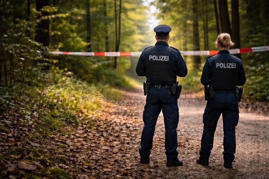 Abgesperrter Waldweg mit Müllsack am Boden und Polizeiband im Hintergrund, Fundort eines toten Babys, Ermittlungen eingestellt