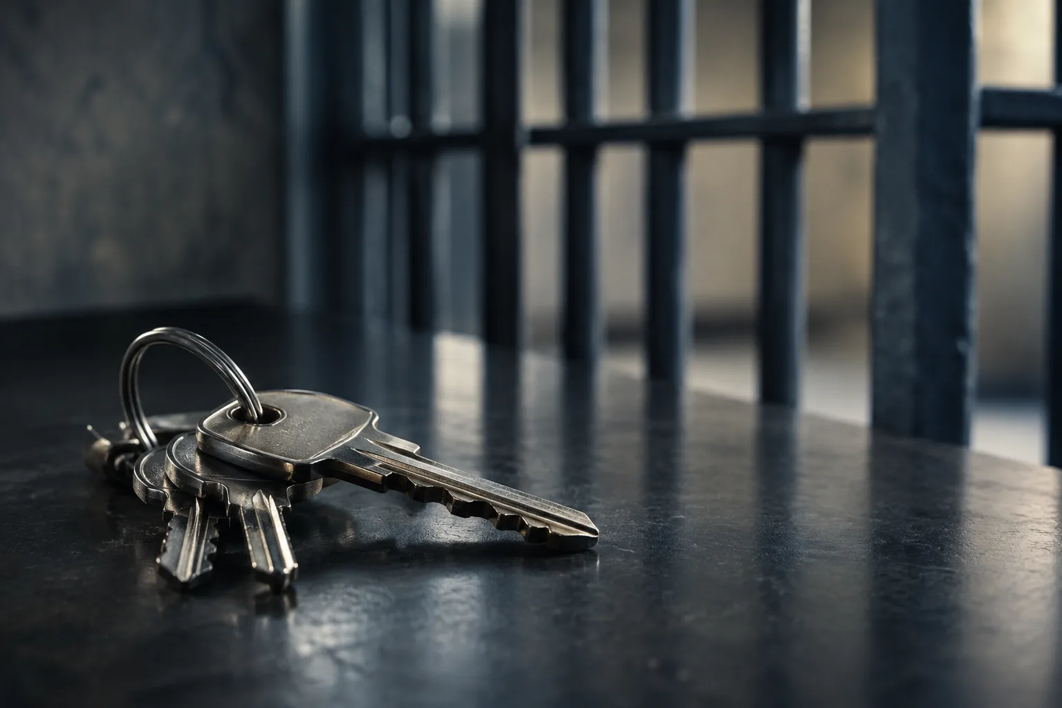 Metallschlüssel auf dunklem Tisch vor unscharfen Gitterstäben als Motiv zum Justizvollzug.