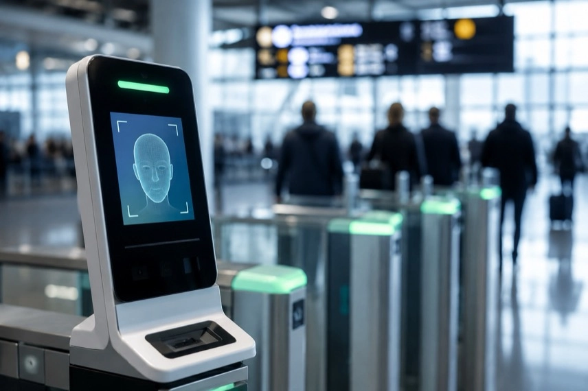 Flughafenterminal für biometrisches Boarding mit Gesichtserkennung, Reisepass und Bordkarte.