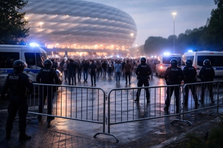 Polizeieinsatz mit Absperrgittern und Fangruppen vor Stadion nach Fan-Schlägerei bei Bayern Stuttgart Spiel
