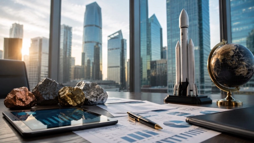 Modellrakete, Rohstoffproben und Finanzdokumente auf Konferenztisch als Symbol für SpaceX-Investition und Technologiebranche