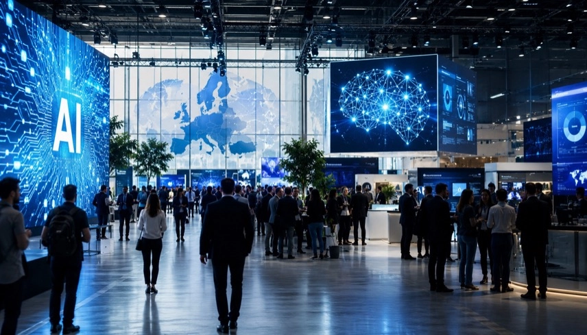 Moderne Messehalle mit anonymen Besuchern, futuristischen Bildschirmen und abstrakten Darstellungen von künstlicher Intelligenz und digitaler Vernetzung.