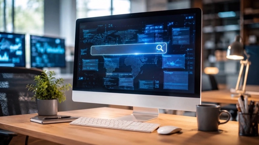 Digitale Suchoberfläche mit KI-Elementen und vernetzten Informationsfenstern zur modernen Google Suche