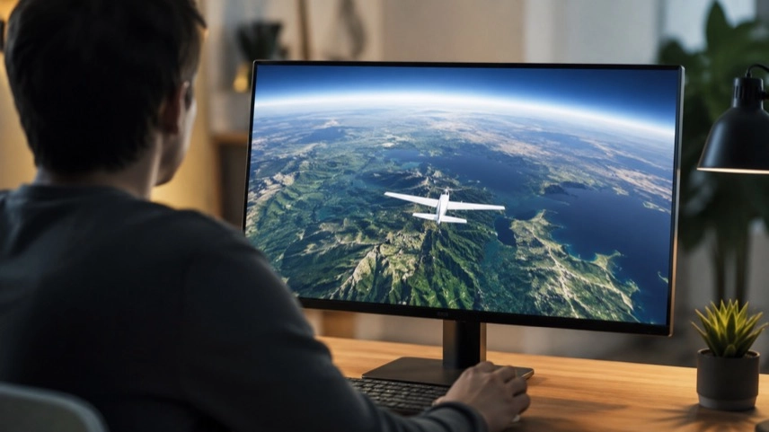 Person vor Computer mit Google-Earth-ähnlicher Weltkarte und virtueller Flugroute auf einem digitalen Kartenbildschirm