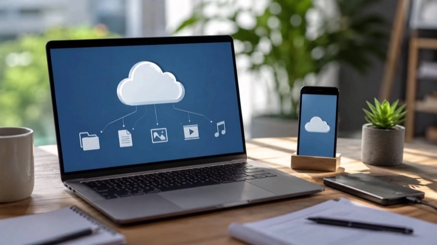 Laptop mit Cloud-Speicher-Symbolen und Smartphone auf Schreibtisch zum Thema kostenloser Cloud-Speicher und Datensicherung