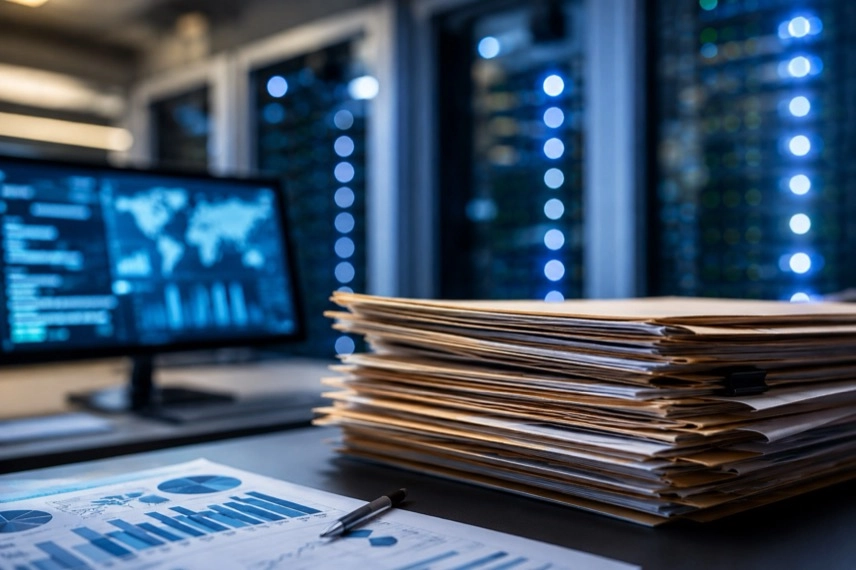Arbeitsplatz mit abstrakten Unternehmensdaten, digitalen Dokumenten und Code für KI-Modelle auf mehreren Bildschirmen.
