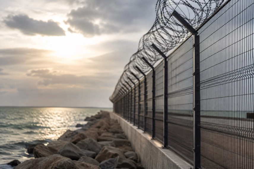 Neutraler Grenzzaun an einer Küste als Motiv zu Grenzschutz, Migration und der spanischen Exklave Ceuta
