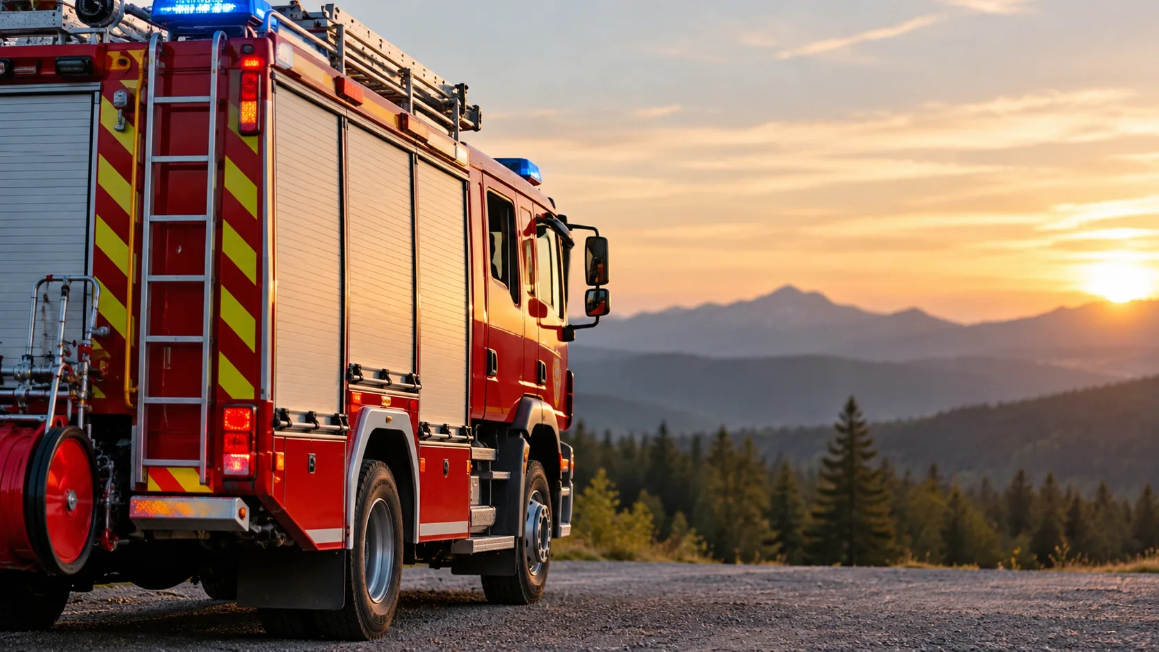 Rotes Feuerwehrfahrzeug auf freier Fläche vor bewaldeten Bergen bei Sonnenuntergang, ohne sichtbaren Brandeinsatz.