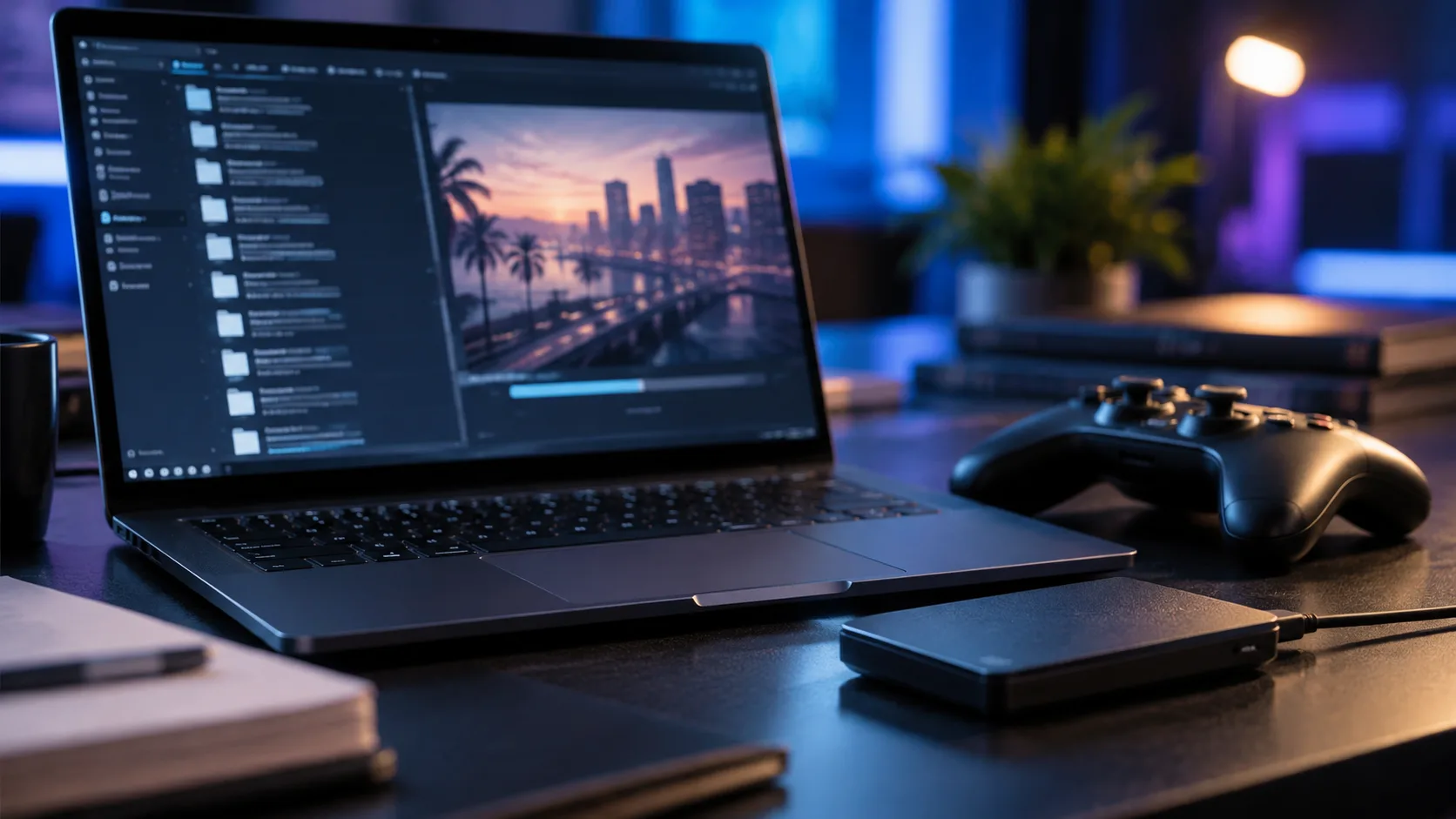 Laptop mit abstrakten Datenstrukturen, Spielecontroller und externem Datenspeicher auf einem Schreibtisch