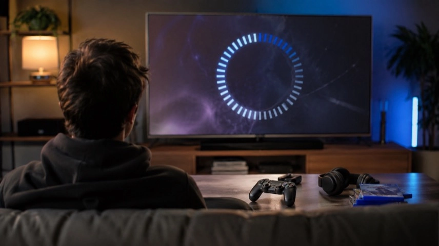 Spieler vor Fernseher mit Countdown-Anzeige und Game-Controller als Symbol für GTA 6 Vorbestellung und Release
