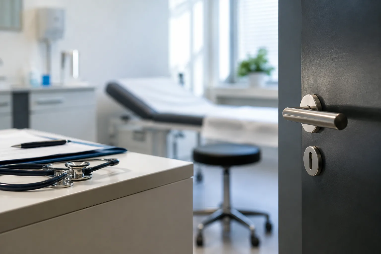 Leerer medizinischer Untersuchungsraum mit geschlossener Tür, Patientenmappe und Stethoskop auf einer Ablage.